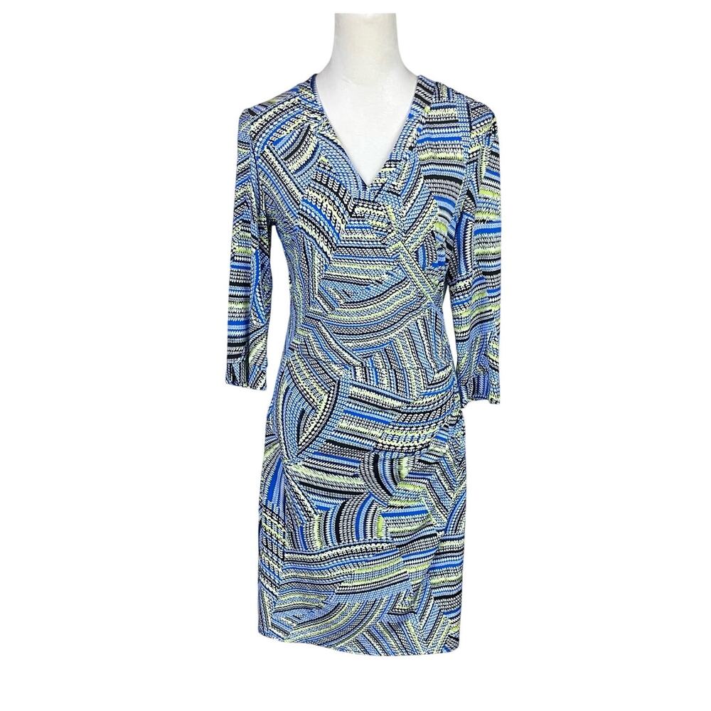 Laundry by Shelli Segal Blue Neon Green Bold Print Jersey Knit V-neck Dress